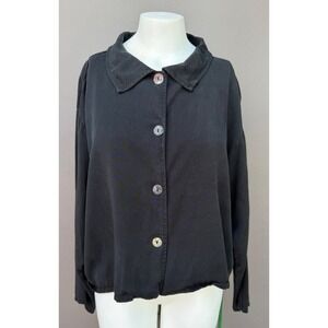 Bryn Walker Shirt Large Black Twill Button Down Boxy Lagenlook Cropped Jacket